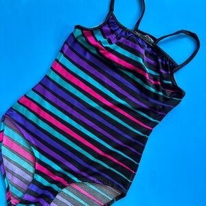Vintage Black and Purple Striped One Piece Swimsuit